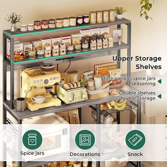 SUPERJARE Bakers Rack with Power Outlet, 47.2 Inches Coffee Bar with Basket - Image 6