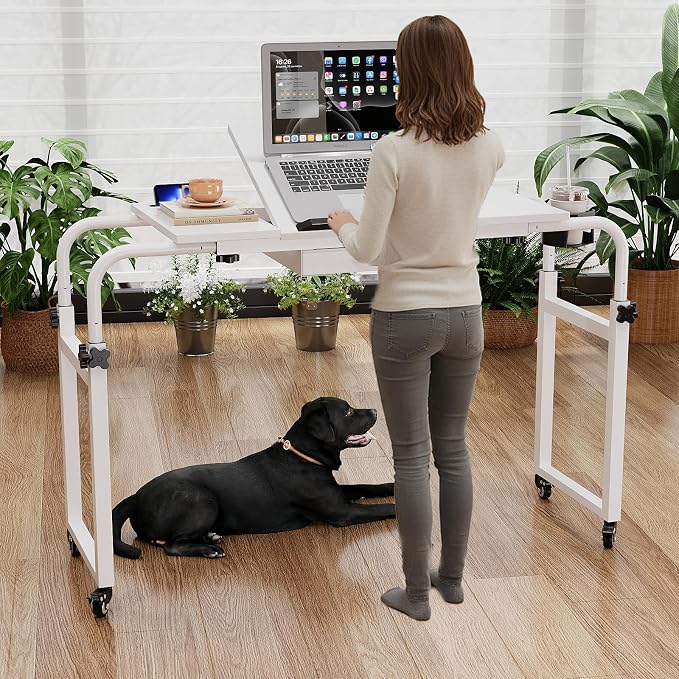 GiftGo Overbed Table with Wheels Rolling Laptop Desk Cart Table Height and Length Adjustable for Hospital and Home Use Over The Bed Table with Storage Drawer and Cup Holder (White, 31.5 to 47) - Image 7