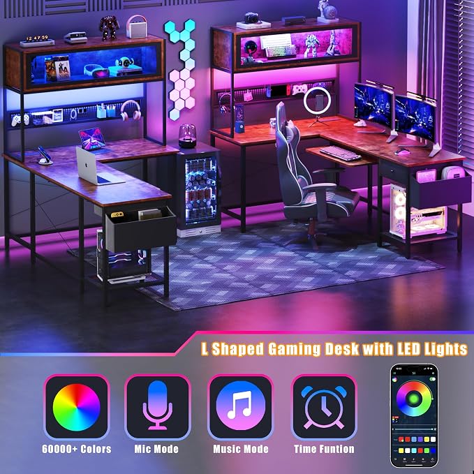 L Shaped Gaming Desk with Power Outlets & LED Lights, 49'' Reversible Computer Desk with Hutch & Pegboard & Display Cabinet, Corner Home Office Desk with Drawer & Keyboard Tray & Storage Bag, Rustic - Image 5