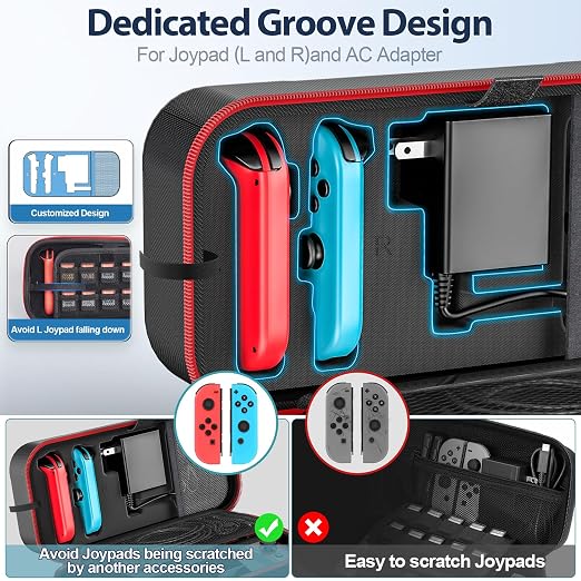 Switch Carrying Case Compatible with Nintendo & OLED, Portable Switch Travel Carry Case Fit for Joy-Con and Adapter, Hard Shell Protective OLED Pouch Bag with 20 Games, Red For N DS Cases & Storage - Image 3