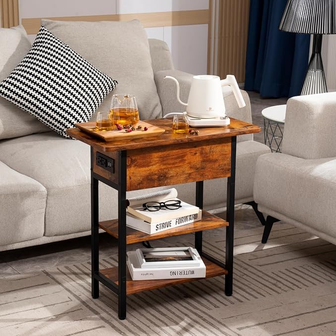 Yoobure End Table with Charging Station, Flip Top Side Table with USB Ports and Outlets, Sofa Couch Table Bedside Table for Living Room Bedroom, Narrow Nightstand with Storage Shelves for Small Space - Image 10