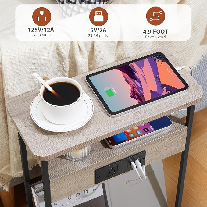 YEAKOO Narrow Side Table with Charging StationSmall Spaces Narrow End Table - Image 8