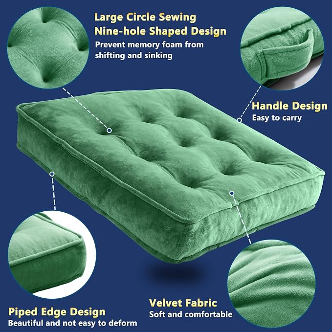 1 MIDDLE ONE Floor Pillow Set of 2, Memory Foam Meditation Cushion, Floor Cushions for Adults Sitting, Large Square Seat Cushions for Yoga, Living Room, 20x20 Inch (Green) - Image 4
