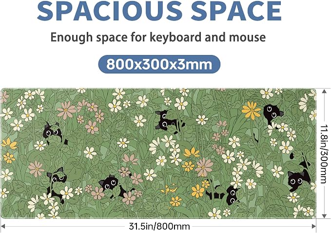 Cute Cat Mouse Pad Large Green Desk Mat Extended Keyboard Mouse Pad Kawaii Mousepad with Non-Slip Base and Stitched Edge Plant Mouse Mat Desk Pad 31.5 x 11.8 in Mouse Pads for Decor Home Office Gaming - Image 2
