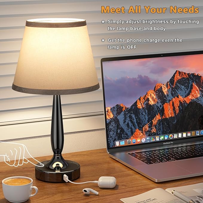 Kakanuo Touch Table Lamp for Bedroom Set, Small Bedside Lamps Set of 2 with USB C Charging Port, 3 Way Dimmable Touch Control Nightstand Lamps, LED Bulb Included - Image 4