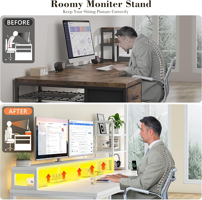 EnHomee 55" Reversible White Computer Desk with Hutch, USB & LED - Image 8
