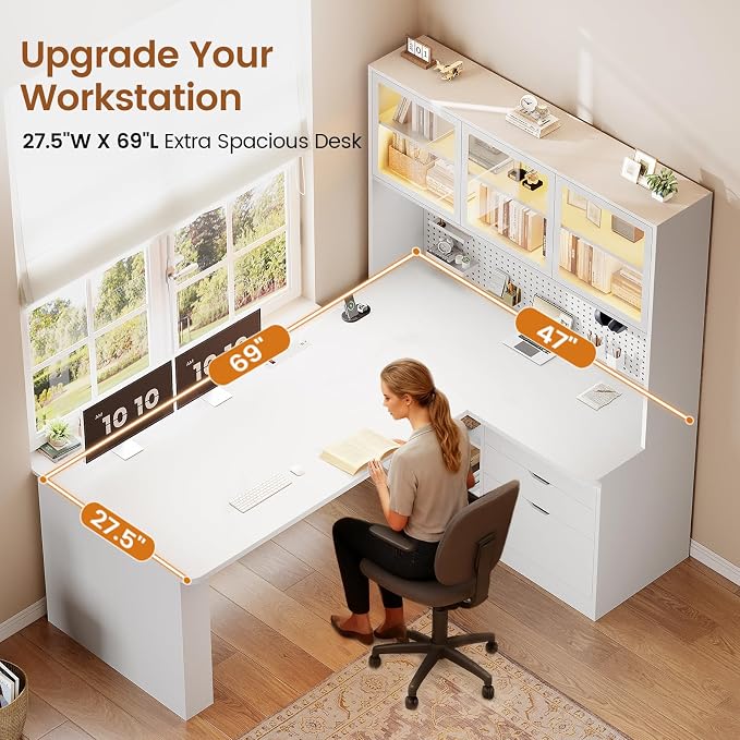 SEDETA L Shaped Corner Gaming Desk with 3 Wood Drawer and Large Bookshelf | L Shaped Computer Desk with LED Light, Display Cabinet and Pegboard for Home Office, 27.5" W Large Desktop Table, White - Image 4