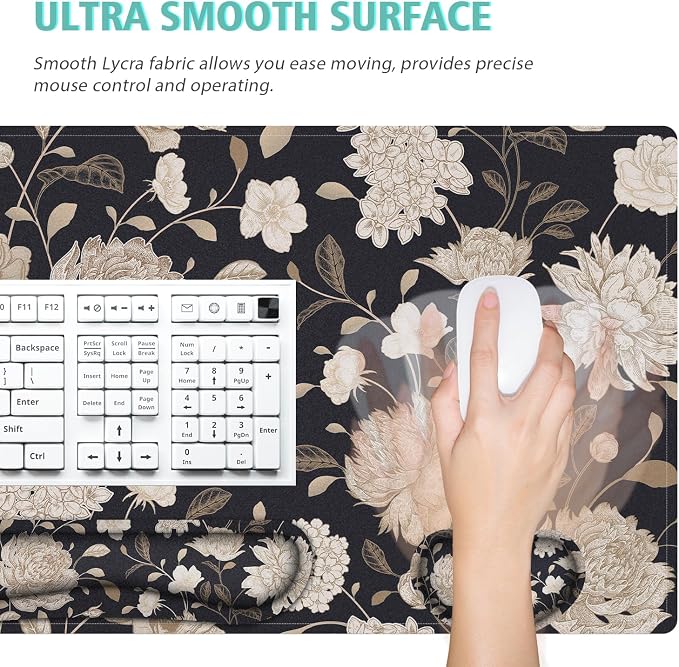 Floral Large Mouse Pad with Wrist Support Set of 4,Large Gaming Mouse Pad+Keyboard Rest+Mouse Wrist Rest+Coaster,Ergonomic Mouse mat,Anti-Slip,Memory Foam Desk Mat for Home Office Gaming (Rose) - Image 4