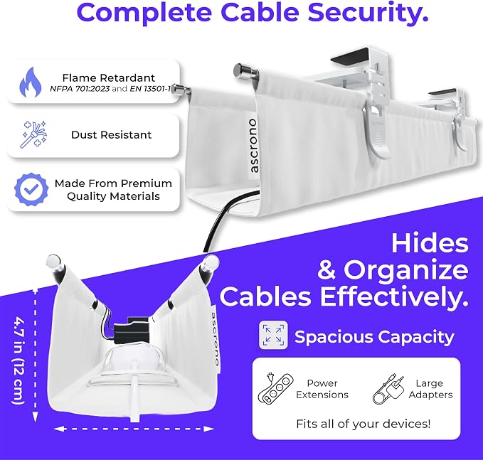 Ascrono Original No Drill Under Desk Cable Management Tray 53.9" - Premium White Fabric Cable Management Under Desk - Clamp/Screw Mount Cord Organizer - Supports Upto 66lbs - Extra Large - Image 6