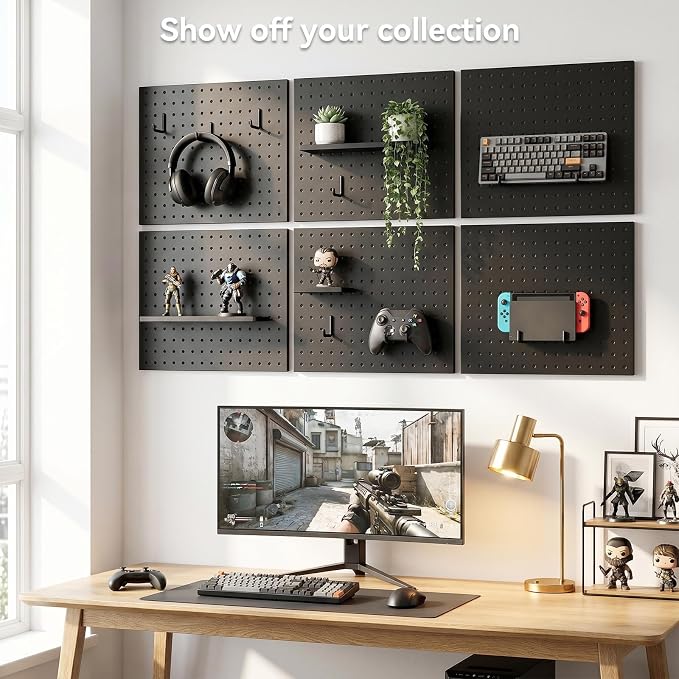 6 Pcs Metal Pegboard Wall Organizer, 16" x 12" Heavy Duty Peg Board for Garage Tool Storage, Black Peg Board Panels for Garage, Craft Room, Workbench Storage - Image 2