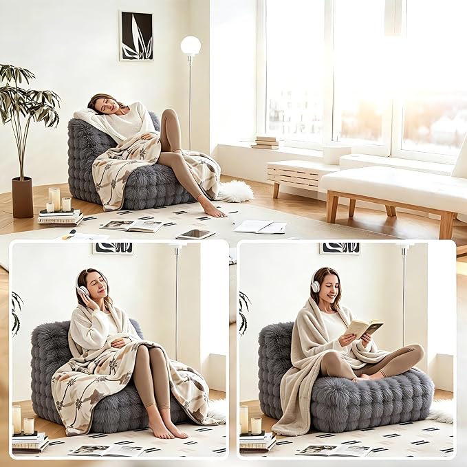 Memory Foam Faux Fur Bean Bag Chair, Light Grey | Supportive memory foam filling, plush faux fur cover, floor lounge sofa for bedroom, living room & office daily relaxation - Image 5