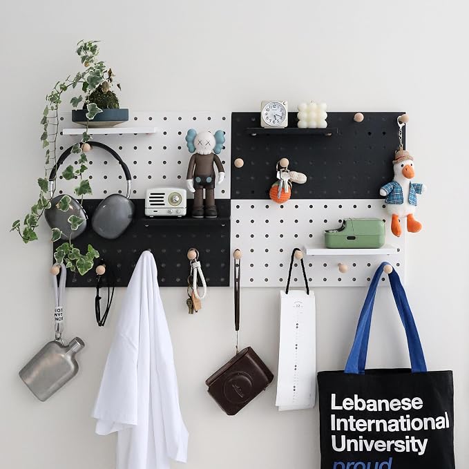Wooden Pegboard Accessories Set: Modular Wall Hooks & Shelf for Garage, Office & Home Organization(White Colored Finish-B) - Image 6