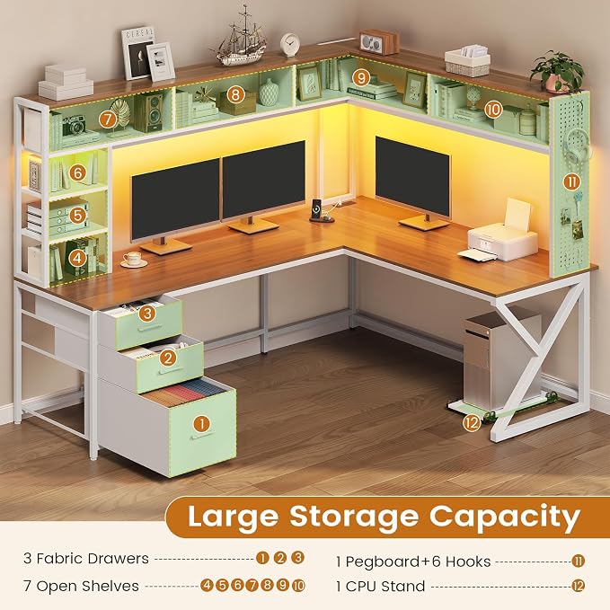 SEDETA L Shaped Gaming Desk with Storage Drawers and Hutch, Convertible 94.5" Computer Desk with Drawers, Corner Computer Desk with Power Outlet, LED Lights, Pegboard for Home Office, White and Brown - Image 5