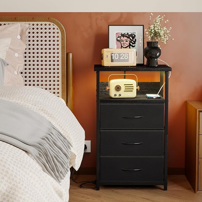 Fixwal Night Stand with 3 Drawers, Black Nightstand with Charging Station - Image 7