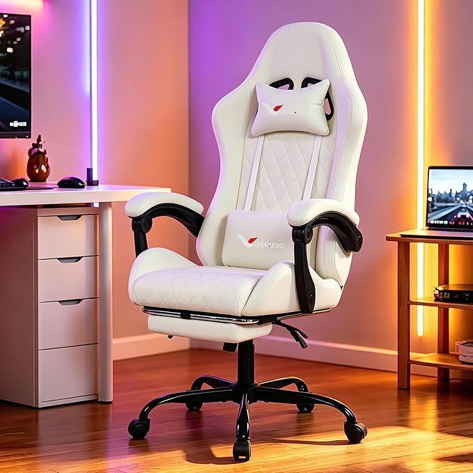 Fabric Gaming Chair for Adults, Ergonomic Computer Office Desk Chair with Footrest,Pocket Spring Cushion, Reclining High Back Silla Gamer for Home Office, White by Unknown