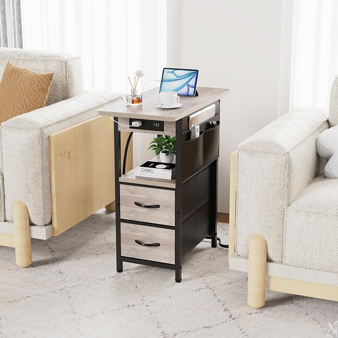 Yenlure Small Side Table with Charging Station, Narrow Nightstand Bedside Tables with Storage Pocket for Living Room Bedroom, Sofa End Table with USB Ports and Power Outlets for Small Spaces, Greige - Image 6