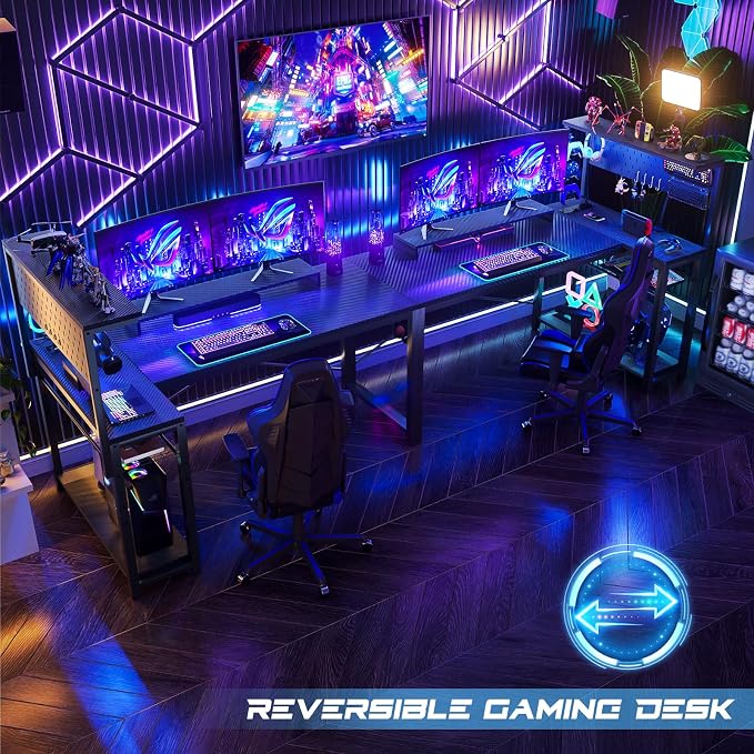 Homieasy Small Gaming Desk with Power Outlets Pegboard LED Light, 51 Inch L Shaped Computer Desk with Monitor Stand Storage Shelves, Reversible Corner Desk with Headset Hooks, Carbon Fiber Black - Image 5
