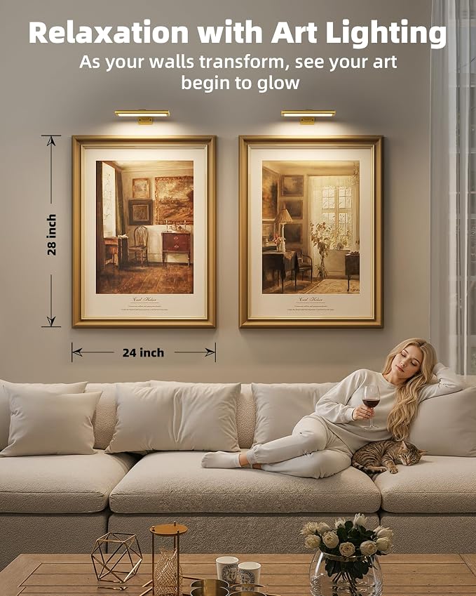 EZVALO Picture Light for Wall, Rechargeable 2400mAh Gold Lights Wireless with IR Remote, 3 Color & Dimmable Magnetic 7.87'' LED Lights Display for Painting, Living Room, Gallery, Bedroom Art (2P) - Image 9