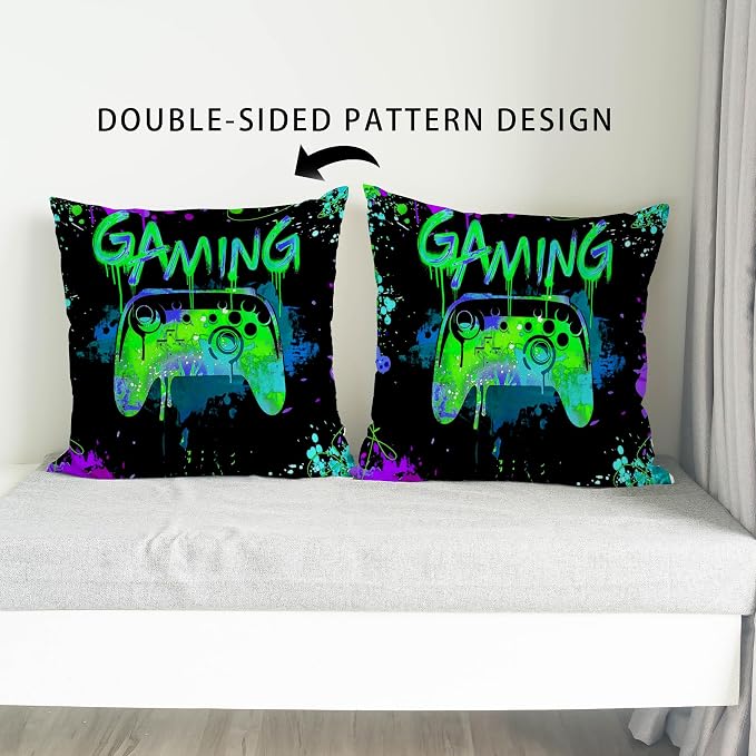 Gaming Pillow Cover,Gamer Pillow Cover 18x18,neon Colors Green Gaming Pillow Cover, Graffiti Pillow Covers, Gifts for The Gamer Kid,Son boy Room Decorations for Bedroom(Green) - Image 4