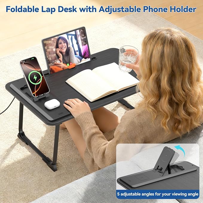 Lap Desk Bed Table with Wireless Charger - Foldable Large Laptop Tray with Tablet Slot and Book Shelf, No Assembly Table for Couch Chair Floor for Sturdy, Writing, Studying Eating, and WFH - Image 4