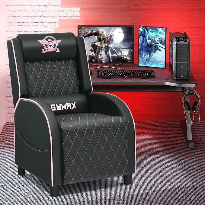 GYMAX Massage Gaming Recliner Chair, Ergonomic Racing Style Single Sofa with Adjustable Headrest, Backrest & Footrest, Home Theater Sofa for Living Room Office (Pink) - Image 8