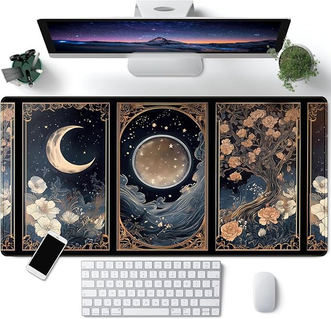 Celestial Lunar Nature Tarot Card Desk Mat Moon Floral Large Mouse Pad XXL 31.5''X 15.7'' Witch Night Botanical Desk Pad Gaming Mousepad Keyboard Mouse Mat for Laptop Computer Office Decor Gift by CYZFF