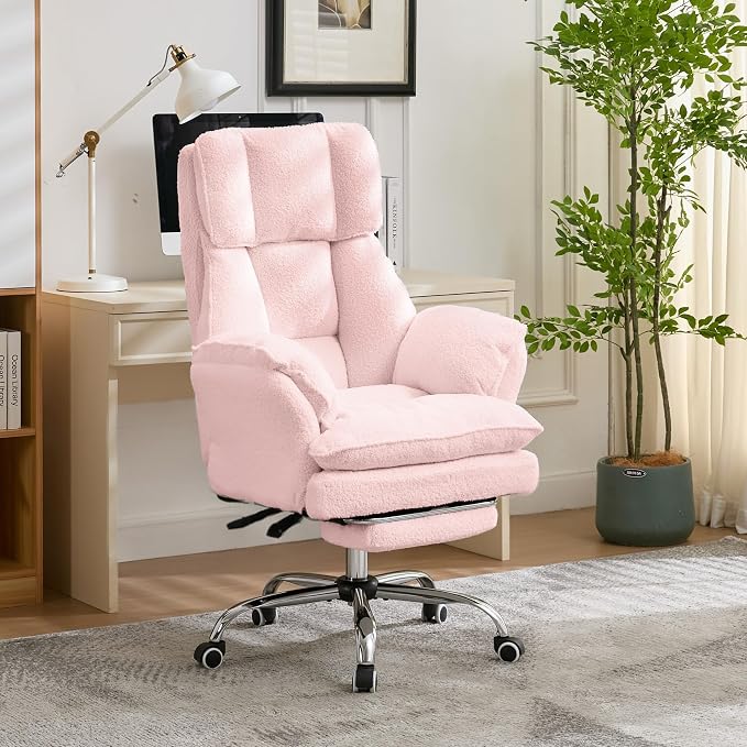 JOMEED Cloud Cross Legged Office Chair with Footrest,Flip Armrest,Pink | Ergonomic Teddy Big and Tall Executive Chair with Wheels,155° Reclining Computer Wide Desk Chair for Home,Office - Image 2