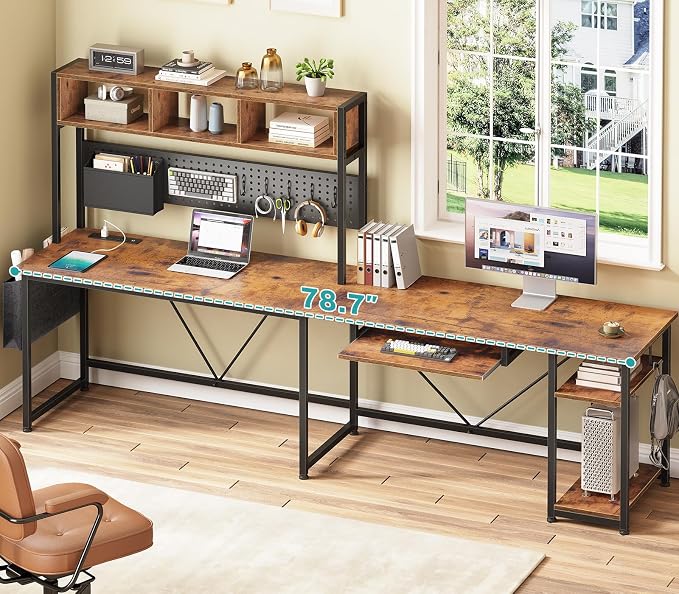 SEDETA L Shaped Gaming Desk with Hutch, 57.5” Reversible Corner Computer Desk with Storage Shelves, Gaming Desk with Pegboard, LED Lights, Power Outlet, Keyboard Tray (Rustic Brown) - Image 2