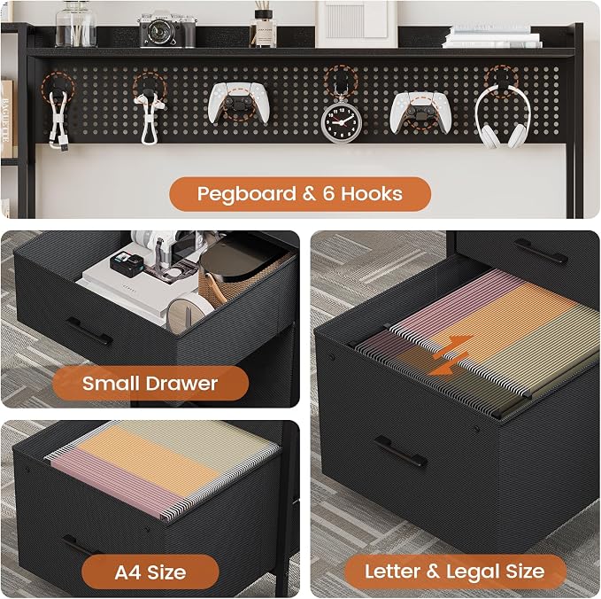 UPOSOJA Gaming Desk with Hutch, 65in Reversible Computer Desk with Power Outlets LED Light, Home Office Desk with Monitor Stand 2 Drawers 4 Storage Shelves Pegboard 8 Hooks Mouse Pad (Black) - Image 8