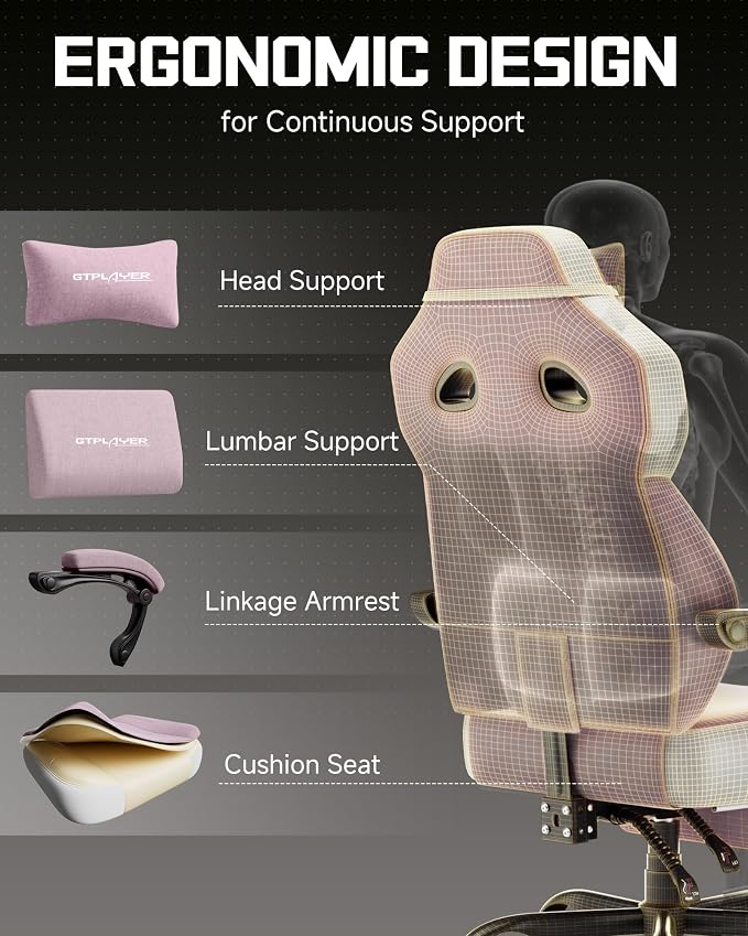 GTPLAYER Big & Tall Gaming Chair, Wide Seat with Footrest, Pink | Ergonomic High Back Computer Desk Chair for Adults, Comfort Padded Seat with Lumbar Support Armrests Recliner for Office/Home - Image 7