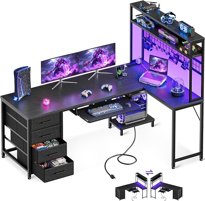 AODK 59 Inch L Shaped Gaming Desk with 4 Drawers, Keyboard Tray, Black | LED Lights, Power Outlets, Metal Grid Panel, Display Shelves, PC Tower Stand, Reversible Layout for Gaming and Home Office by AODK