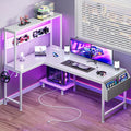 PRAISUN L Shaped Gaming Desk with LED Lights & Power Outlets | Reversible Computer Desk with Storage Shelves & Bag, Large Corner Home Office Desk with Pegboard for Work from Home, White by PRAISUN