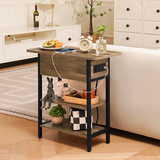 Yoobure End Table with Charging Station, Flip Top Side Table with USB Ports and Outlets, Sofa Couch Table Bedside Table for Living Room Bedroom, Narrow Nightstand with Storage Shelves for Small Space - Image 4
