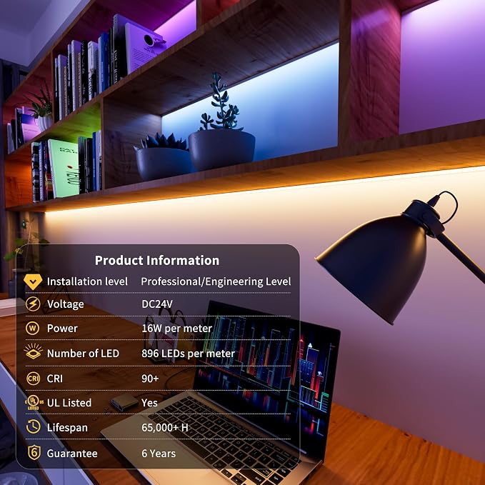 PAUTIX COB LED Strip Lights,RGBW LED Lights RGB+2700K Warm White UL Listed Dotless 24V Color Changing LED Tape Light for Ceiling,Cabinets,Bedroom,Party Lighting(Power Supply & Controller Not Included) - Image 7