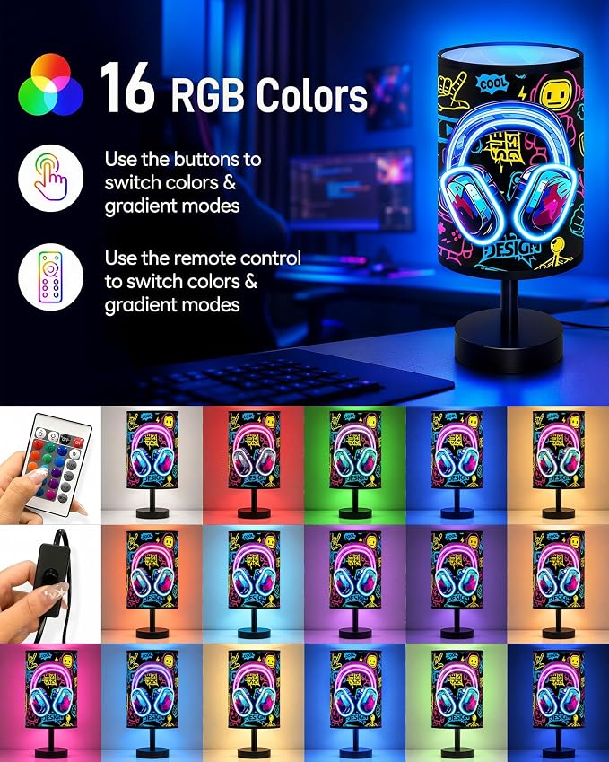 Small Table Lamp for Bedroom, Gamepad Desk Lamps 16 Color Flashing Changing Adjustable Color Bedside Lamps Night Light for Kids, LED Gaming Lamp with Remote Controller Boys Man Cave Decor (Headset) - Image 2