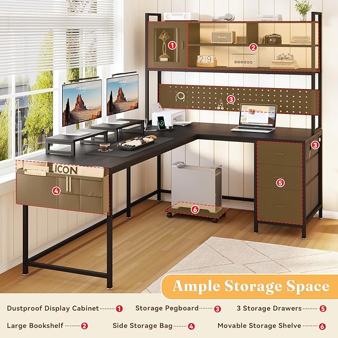 L-Shaped Computer Desk with Charging Station and Light Strip, Gaming Desk with Pegboard & Storage Shelves, Corner Table with 3 Drawers, Monitor and Computer Tower Stand for Home Office, Black - Image 3