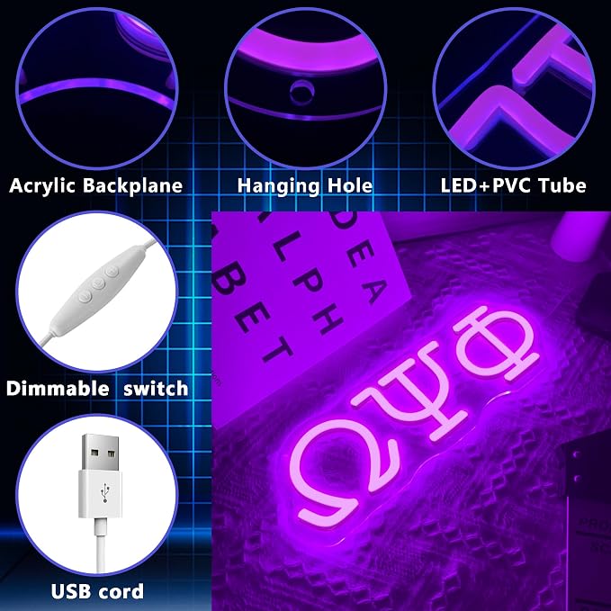 Psi Phi Fraternity Neon Signs for Wall Decor,Dimmable Led Greek Lettering Psi Phi Decor,USB Powered Fraternity Gifts for Man Cave Kids Room Bedroom Bar Birthday Gifts(11.8 * 4in） - Image 6