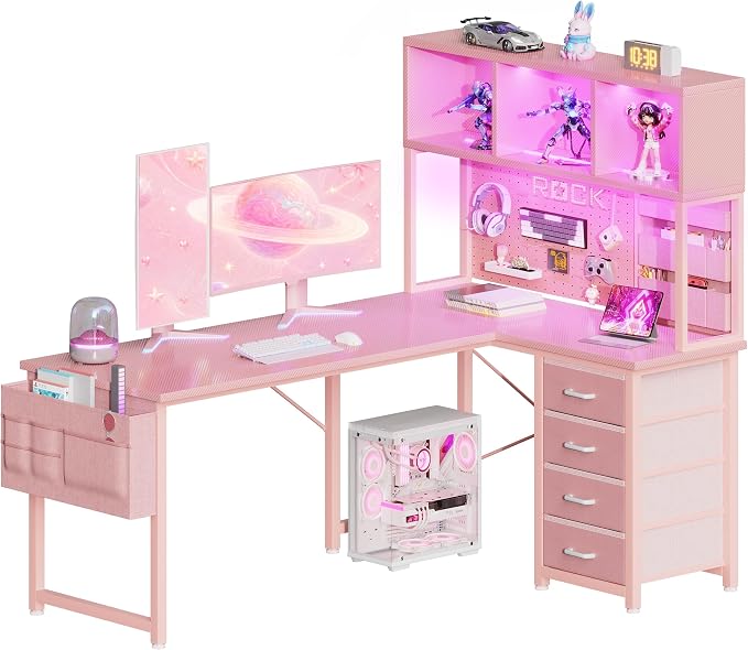 AODK 53" L Shaped Gaming Desk with Pegboard, Hutch & 4 Drawers, Pink | Reversible computer desk with LED. Gaming table with 4 fabric drawers & bag. Home office & craft. Carbon fiber. by AODK