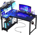Homieasy Small Gaming Desk with Power Outlets Pegboard LED Light, 43 Inch L Shaped Computer Desk with Monitor Stand Storage Shelves, Reversible Corner Desk with Headset Hooks, Carbon Fiber Black by Homieasy