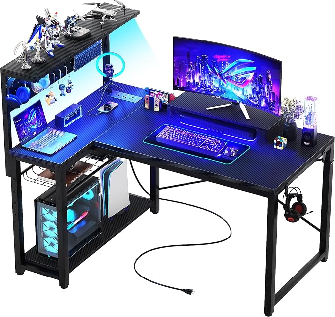 Homieasy Small Gaming Desk with Power Outlets Pegboard LED Light, 43 Inch L Shaped Computer Desk with Monitor Stand Storage Shelves, Reversible Corner Desk with Headset Hooks, Carbon Fiber Black by Homieasy