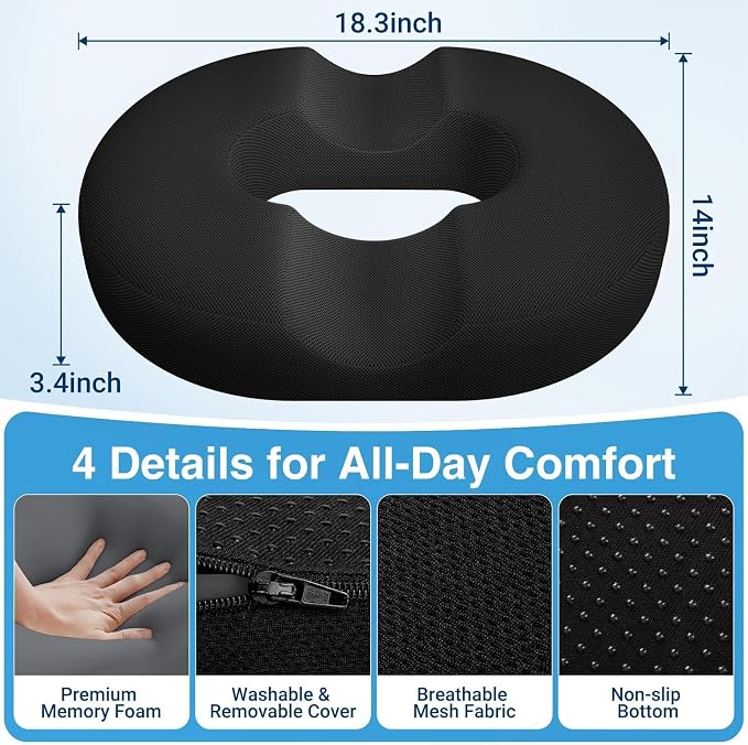 Donut Pillow Seat Cushion, Office Chair Cushion, Black, X-Large | Ergonomic Design, Breathable Cover, for Tailbone Pain, Hemorrhoids & Long Sitting Hours, for Home & Office - Image 5
