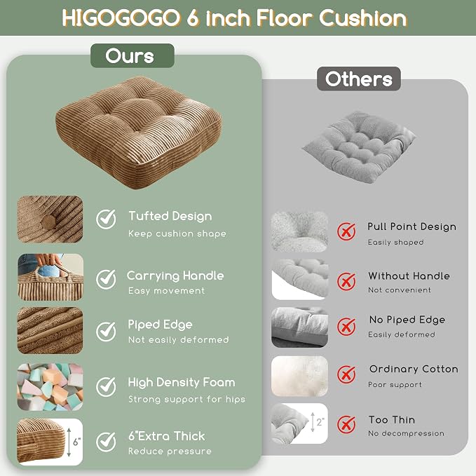HIGOGOGO 6" Extra Thick Floor Pillow Cushion for Adults, Meditation Cushion Pillow, Large Square Floor Sitting, Tufted Corduroy Cover, for Tatami Living Room or Yoga, 22x22 Inch, Coffee - Image 4
