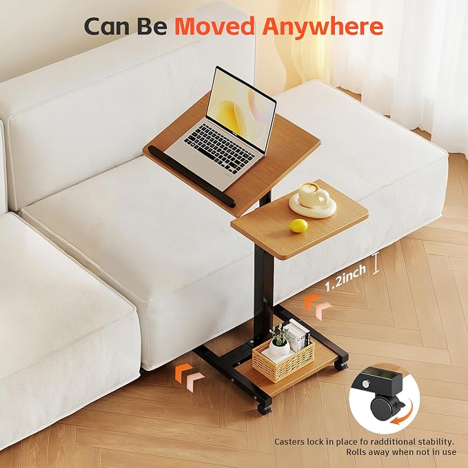 LINGMI Mobile Height Adjustable Laptop Desk with Mouse Pad, Portable Laptop Desk Rolling Tiltable Table with Small Side Table for Couch,Rolling Computer Stand - Image 7