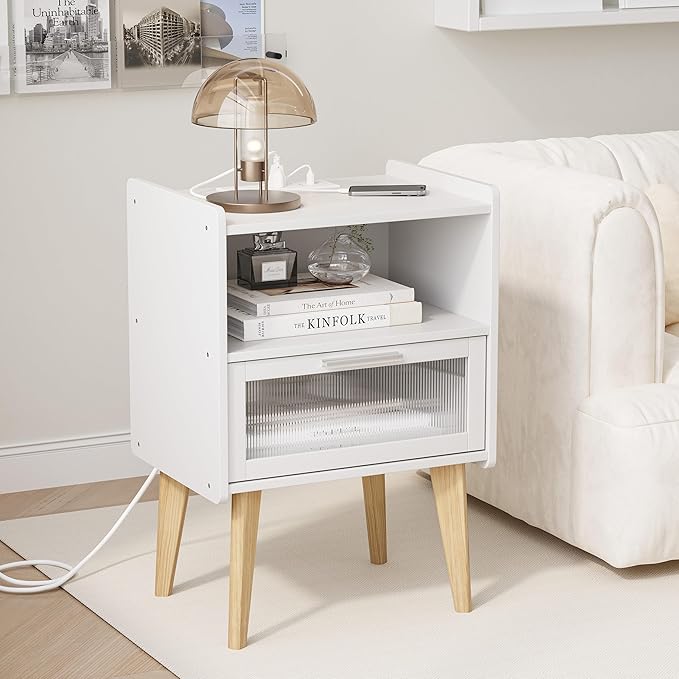 MMEOLUOOK Nightstand with Charging Station, Bedside Tables, End Table Side Table with 2 Tiers Storage Space, for Bedroom, Living Room, White MLBZ07WE-2 - Image 4