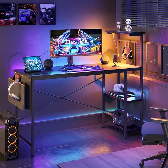 Bestier Gaming Desk with LED Lights, 51.3 Inch Computer Desk with 4 Tiers Reversible Shelves, Home Office Writing Desk with Side Storage Bag, Hooks and Height Adjustable Shelf (Black Grained) by Bestier