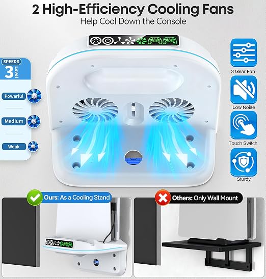 P5 Wall Mount Kit Cooling Station with Dual Controller Charger, Floating Shelf Behind TV for P5/Slim/Pro, Wall Bracket Compatible with P5 Disc & Digital, 9 RGB Lights P5 Fan Accessories, White - Image 2