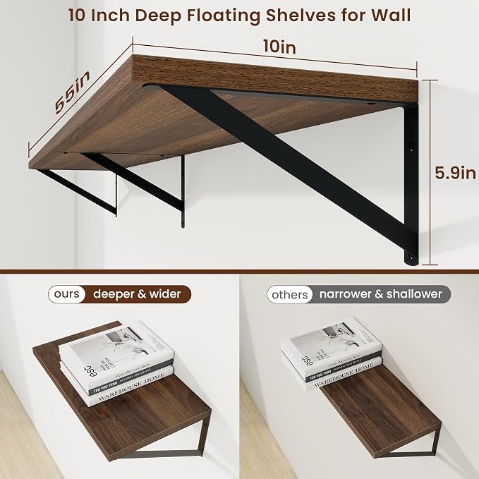 Axeman Deep Floating Shelves, 55'' x 10'' Walnut Wall Shelves Set of 2 - Image 3