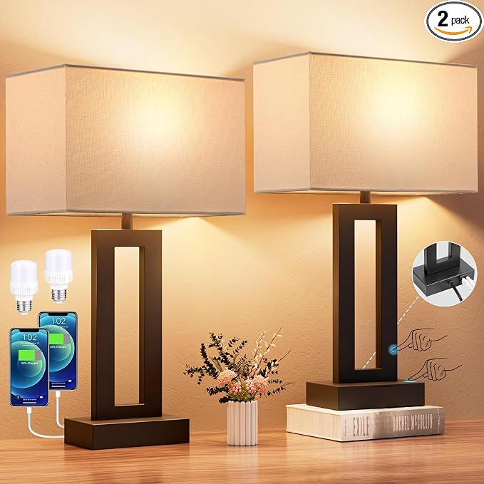 Nightstand Table Lamps for Bedrooms Set of 2 - Touch Bedside Lamp with USB C+A, 3 Way Dimmable Living Room Lamps for End Tables Set of 2, Modern Night Stand Lamps for Bed Side Guest Room(White) by SeealleLighting