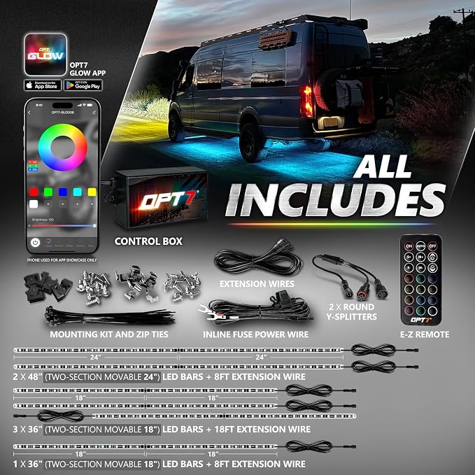 OPT7 Aura Pro RGB Aluminum RV Underglow Lights with App & Remote Control - Image 8
