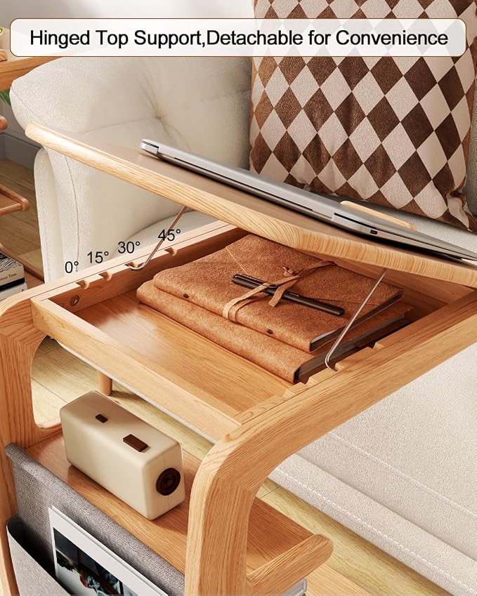 AQIMUELE Wooden C-Shaped End Table,Couch Desk with 2 Lockable Wheels,4-Tier Couch Table with Storage Bag,Small Rolling Side Table Tv Trays for Couch, Living Room,Bedroom (Natural) - Image 2
